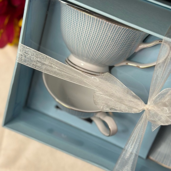 New Grace’s Teaware Tea Cup & Saucer Set For 2 Blue Squared Pattern w/Gold Trim - Picture 11 of 11